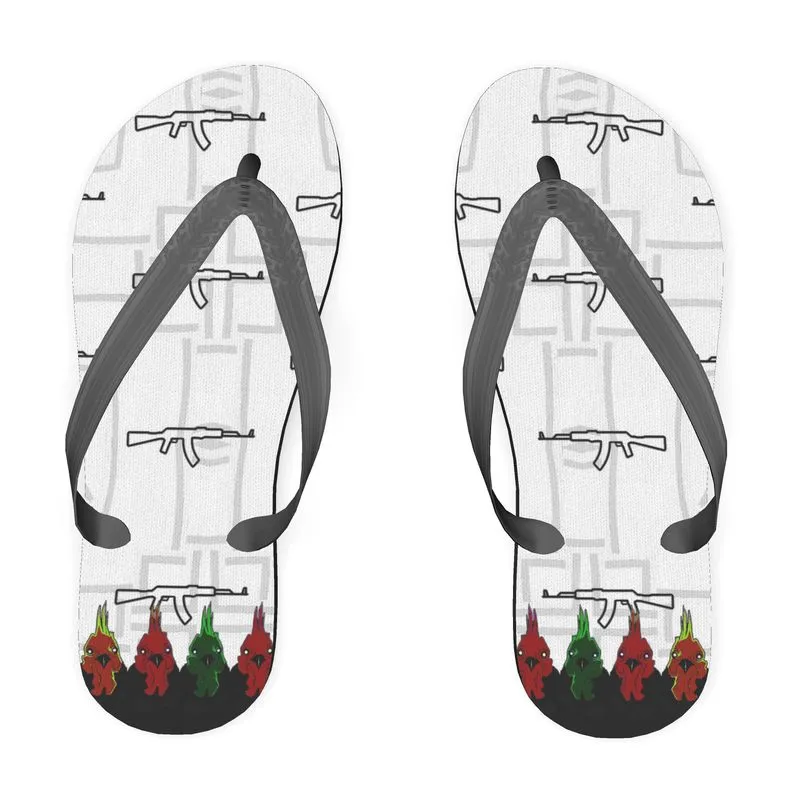 #426 cocknload flip flops rooster/gun print