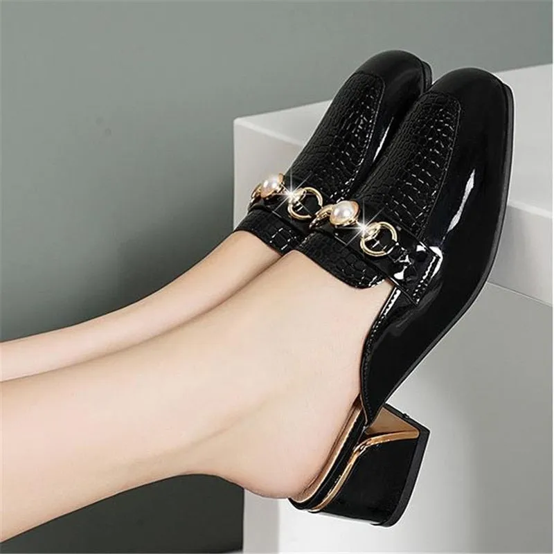 Amozae Women Baotou Half Slippers Fashion Metal Chain Square Toe Thick Heel British Style Office Casual Shoes Spring Summer