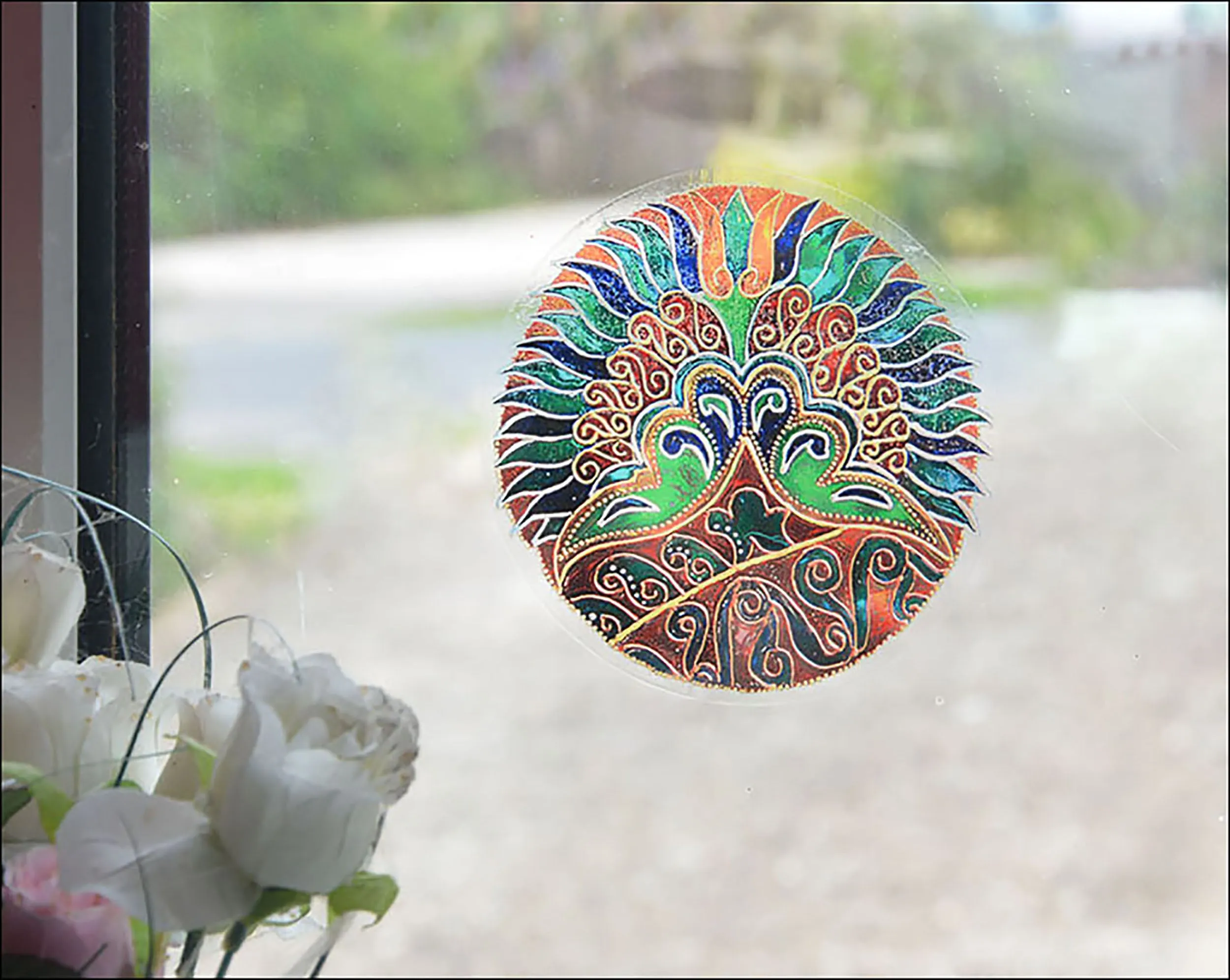 Art Deco Peacock Stained Glass Window Cling - 5 Inch