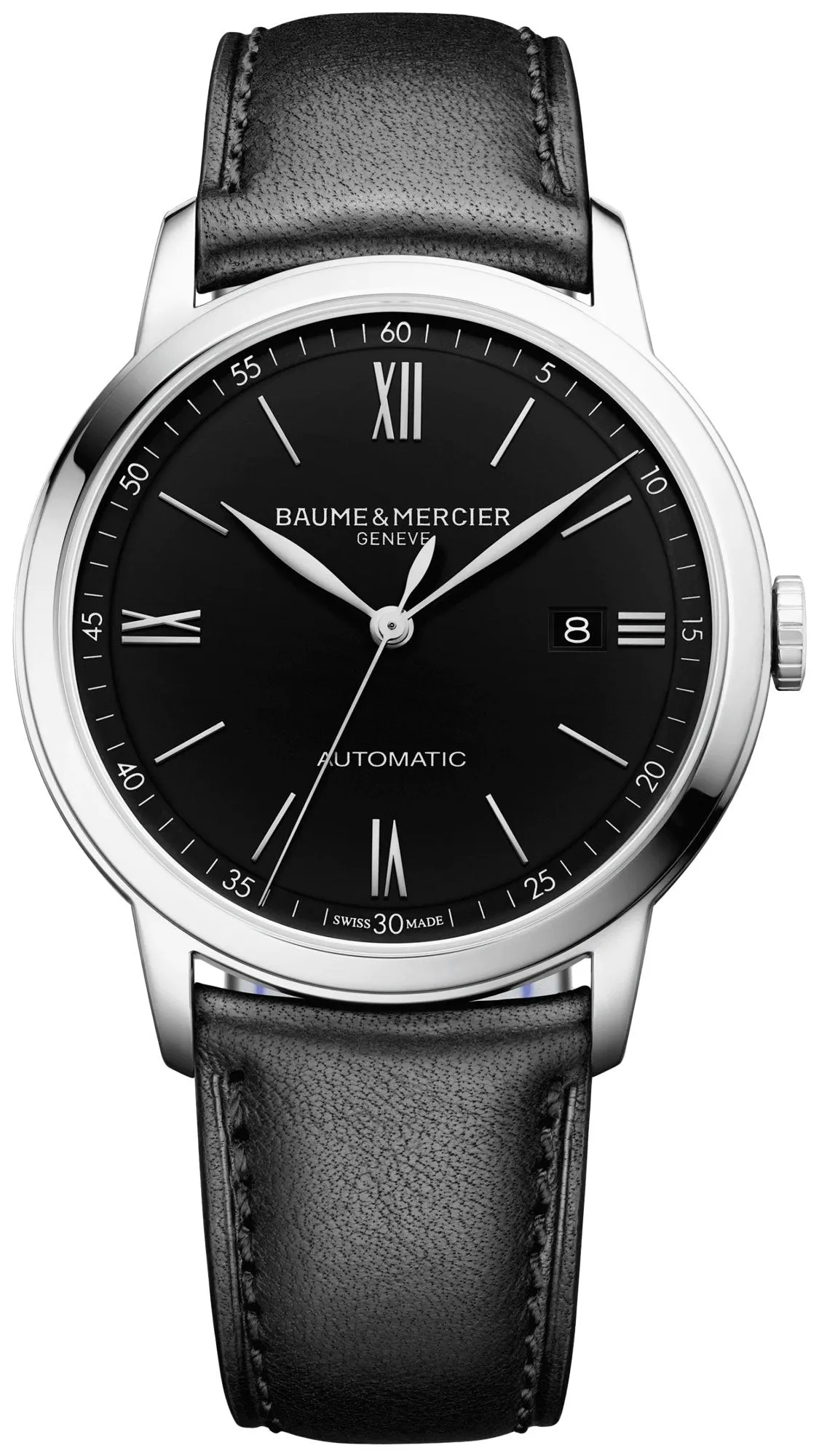 Baume & Mercier Classima Automatic Black Dial Black Leather Strap Date Mens Watch MOA10453