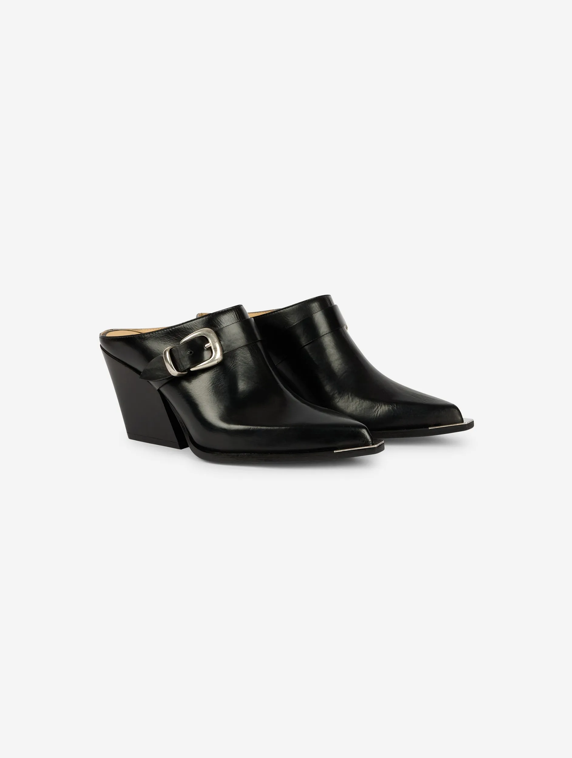 Black leather closed toe mules