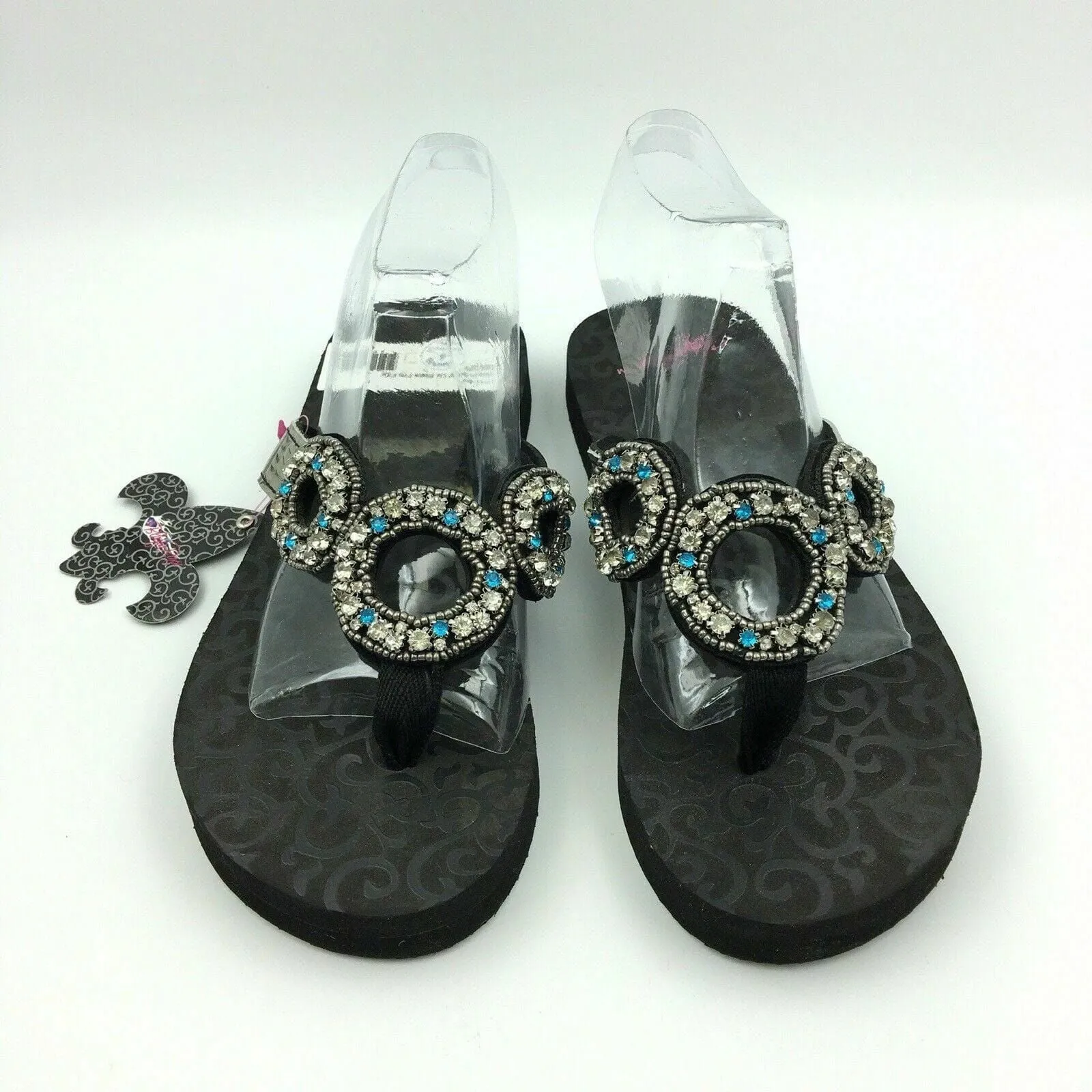 Blazin Roxx Women “Liz” Flip Flops, Silver/Blue Rhinestones - Size 6