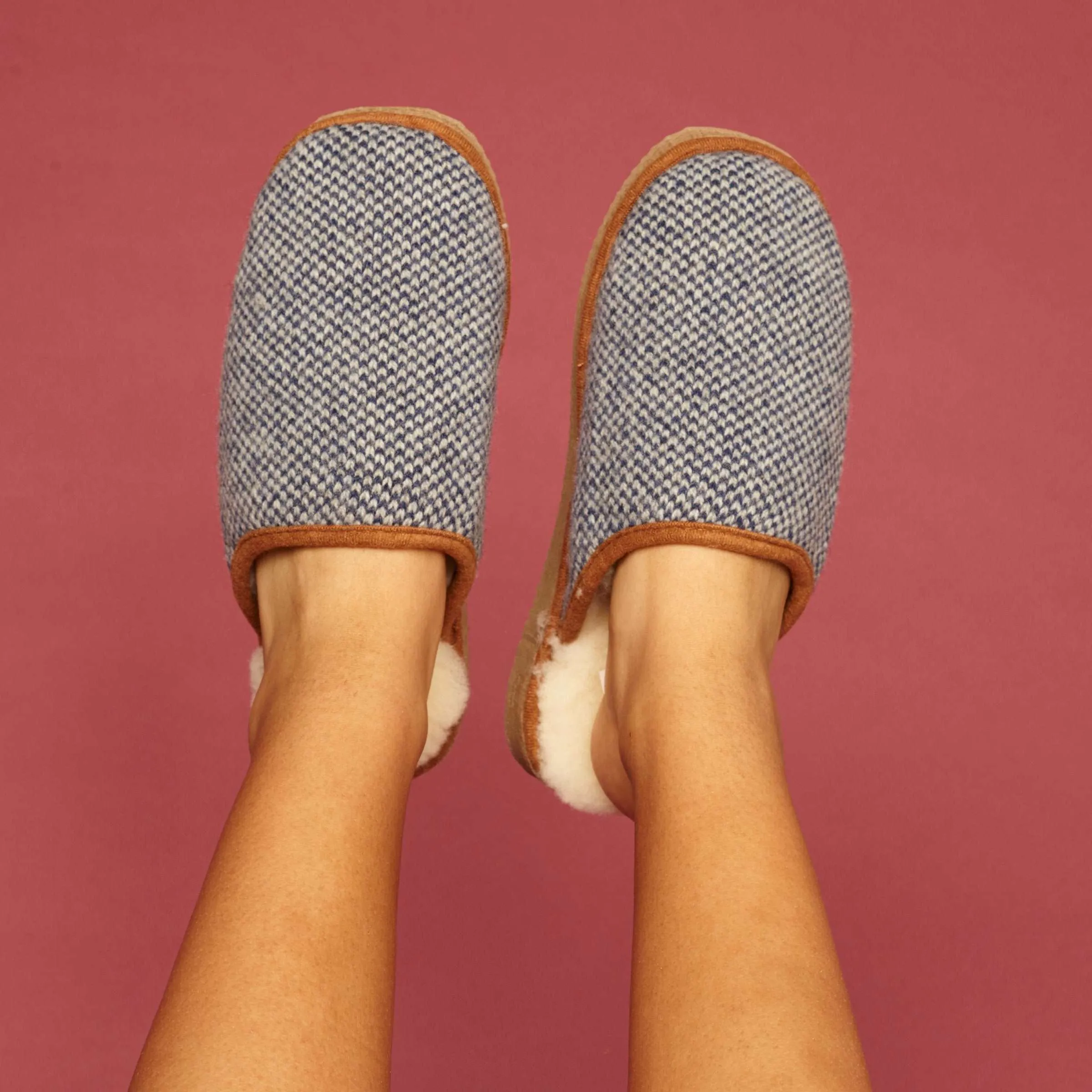 Blue Check Lambswool & Sheepskin Slippers