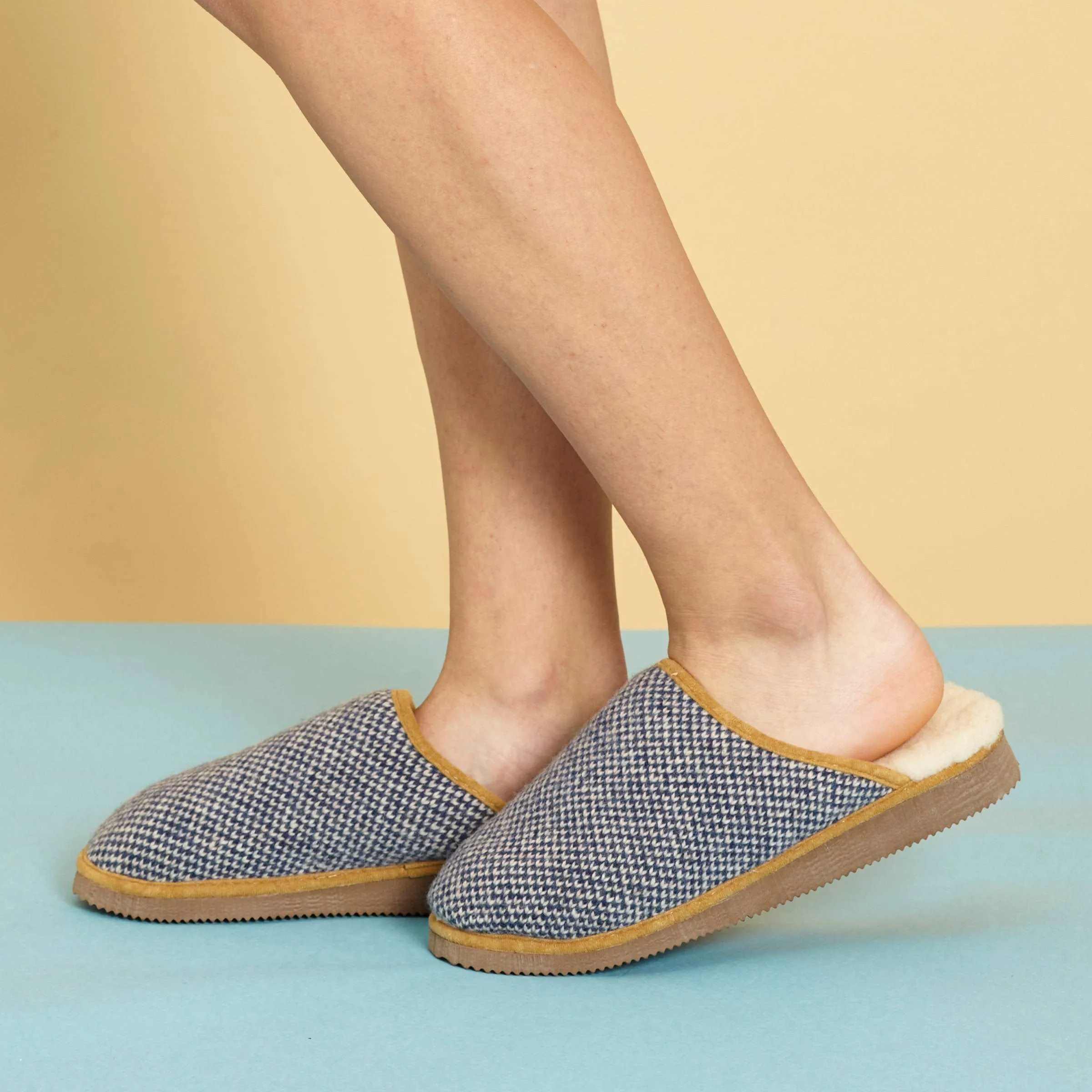 Blue Check Lambswool & Sheepskin Slippers