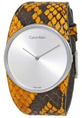 Calvin Klein Spellbound Yellow and Black Leather Silver Dial Quartz Womens Watch K2E23626