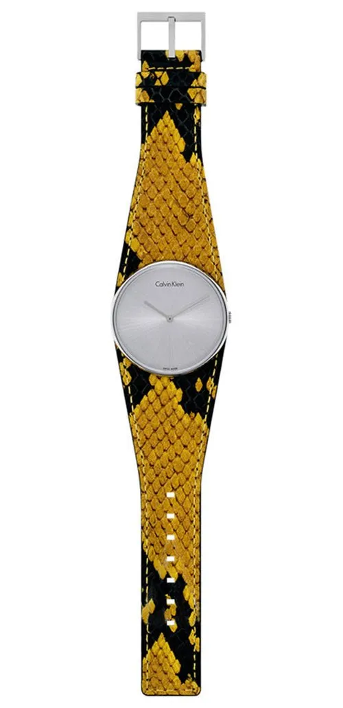 Calvin Klein Spellbound Yellow and Black Leather Silver Dial Quartz Womens Watch K2E23626