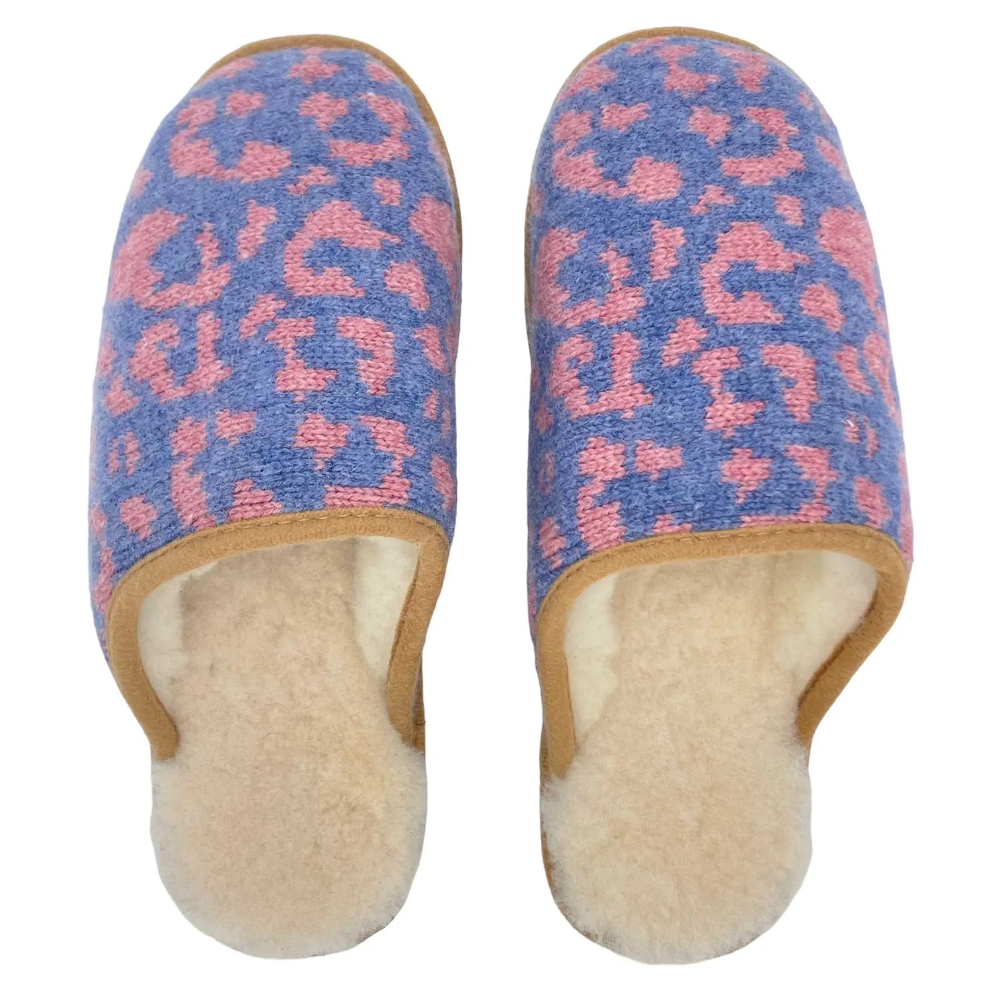 Denim & Pink Leopard Print Lambswool & Sheepskin Slippers