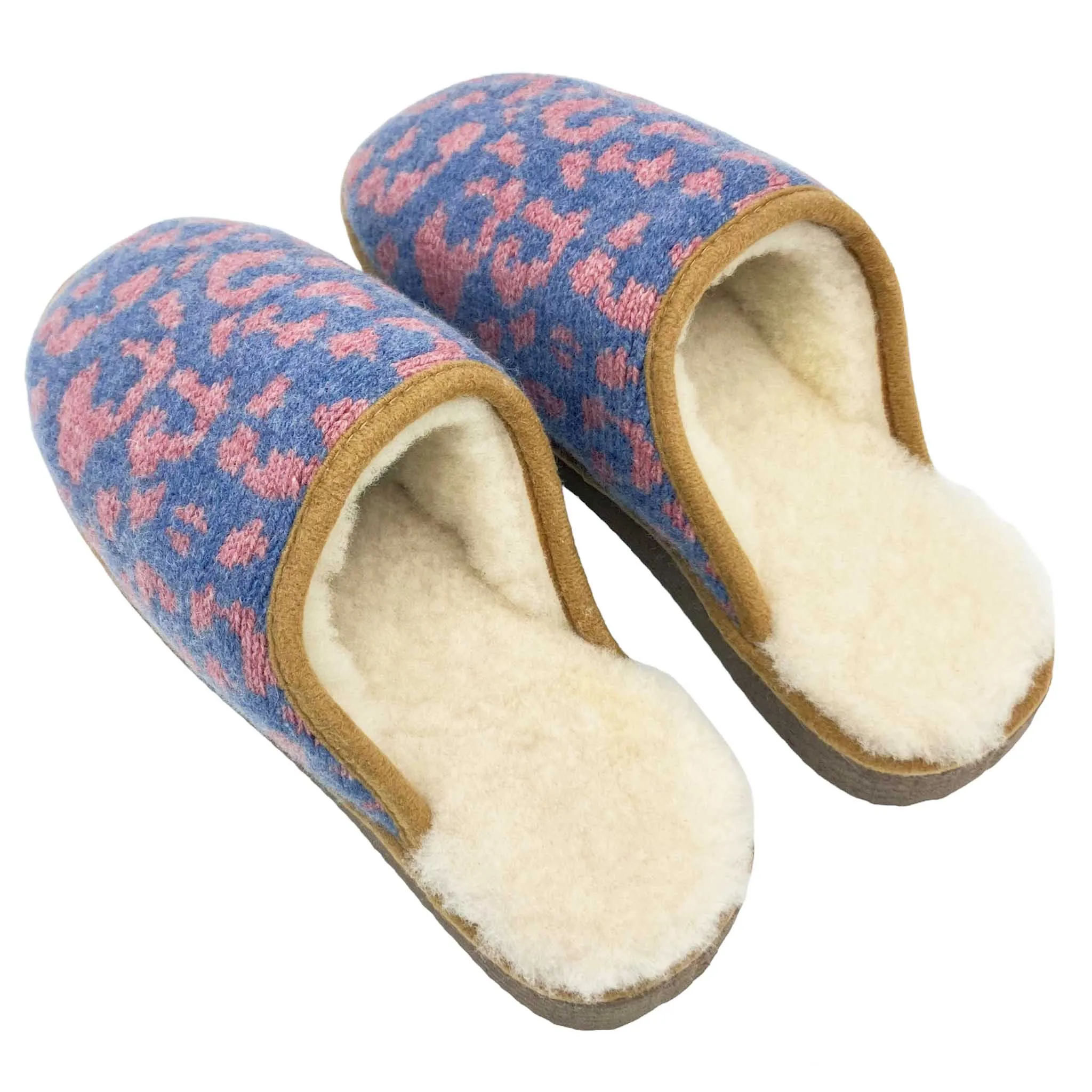 Denim & Pink Leopard Print Lambswool & Sheepskin Slippers