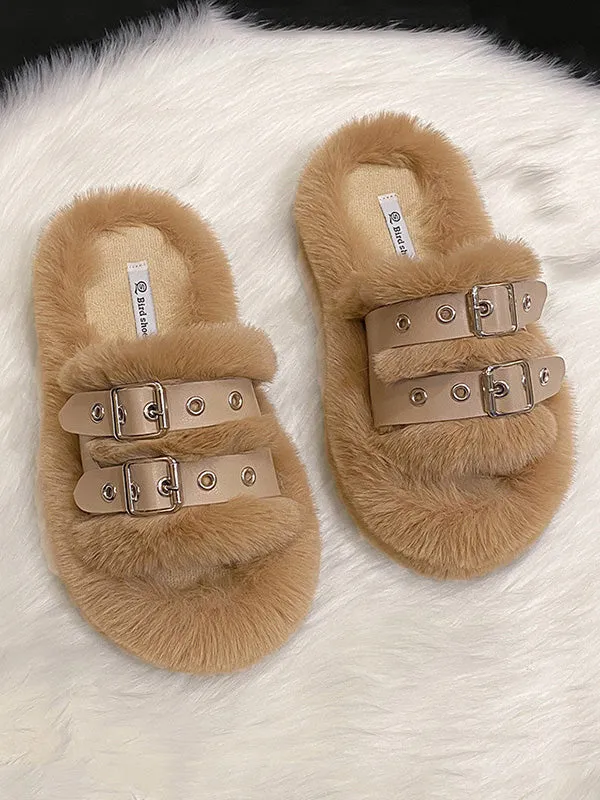 Double Buckle Furry Slippers