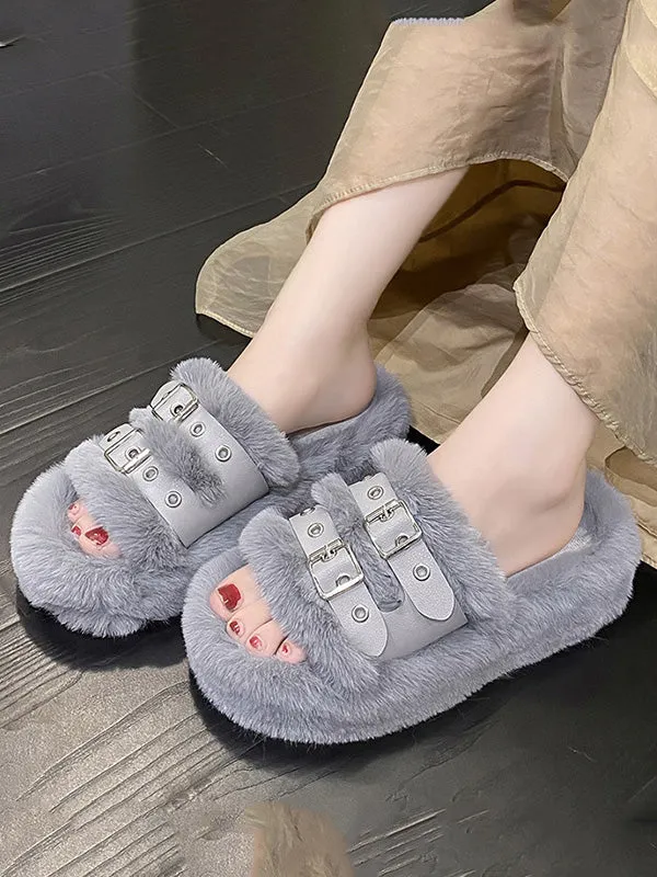 Double Buckle Furry Slippers