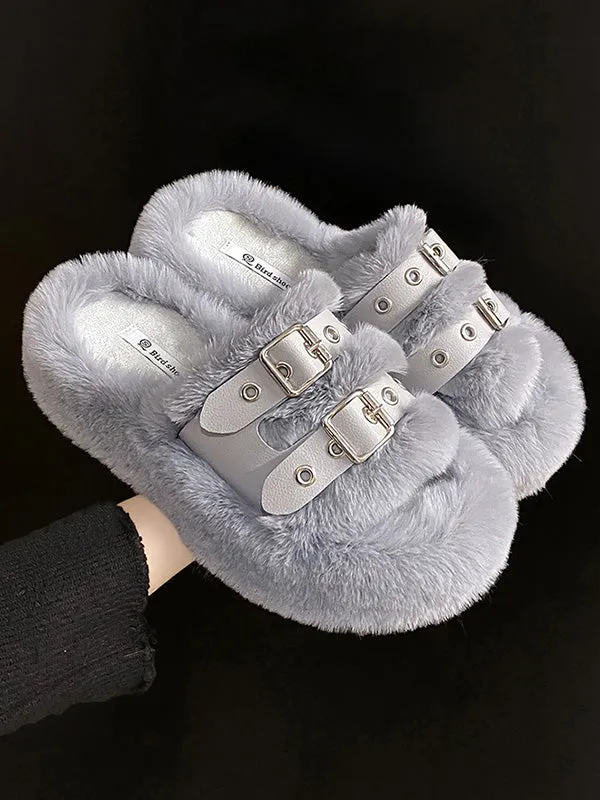 Double Buckle Furry Slippers