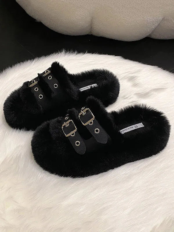 Double Buckle Furry Slippers