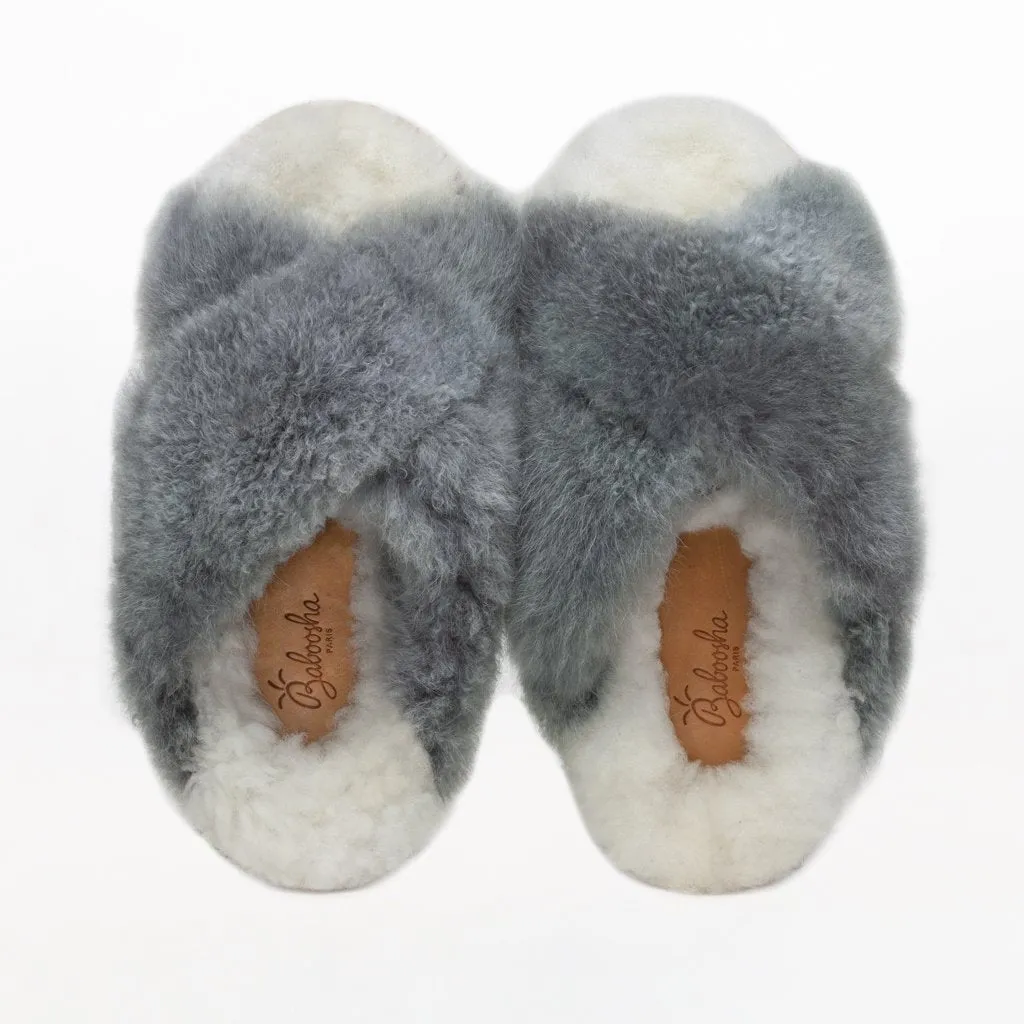 ETHICALLY AND CRUELTY FREE ALPACA FUR SLIPPERS X SLIDER IN GREY/WHITE