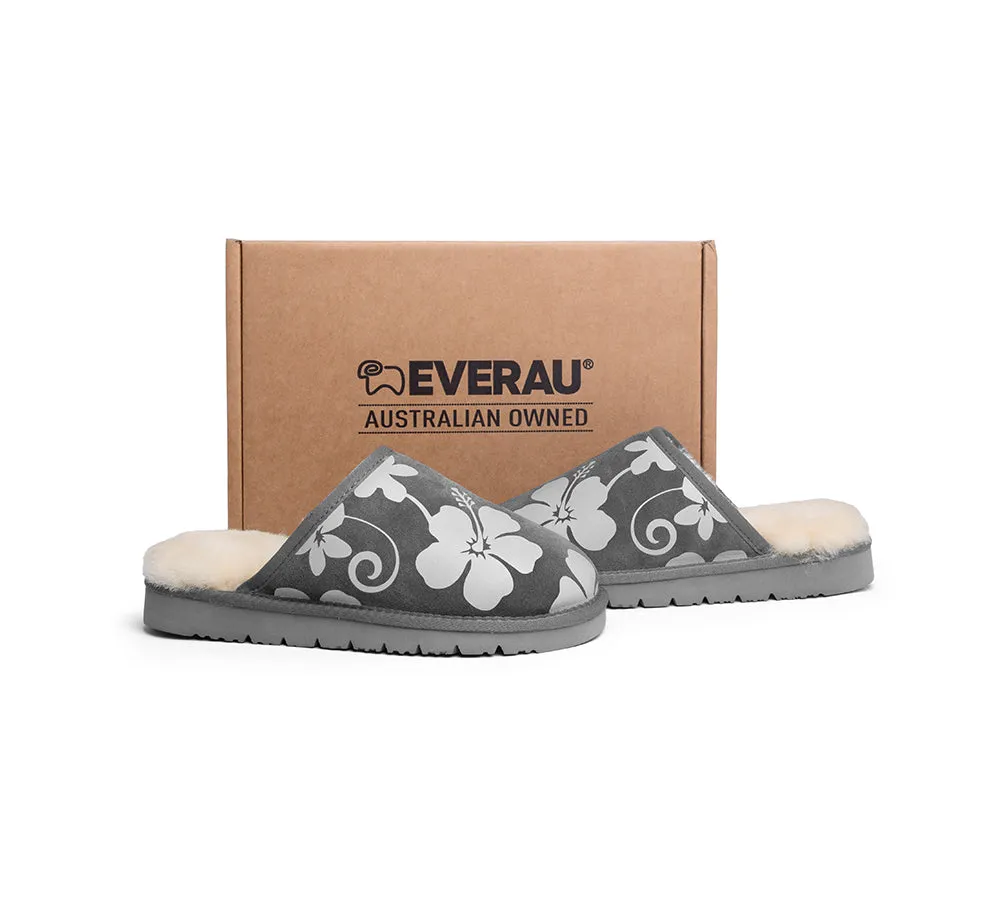 EVERAU® UGG Slippers Sheepskin Wool Grey Floral Print Suede Cruz EU40