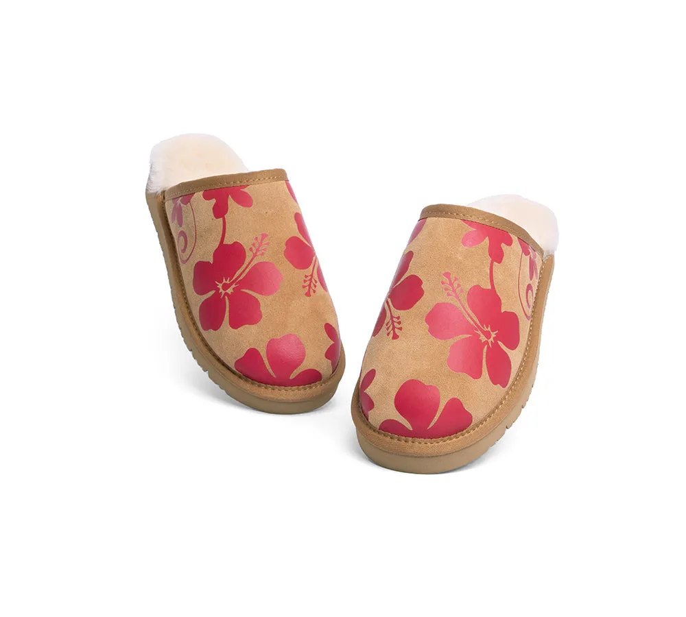 EVERAU® UGG Slippers Sheepskin Wool Red Floral Print Suede Cruz EU40