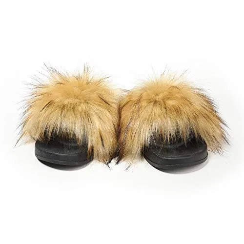 Fur Story ladies outdoor faux fur furry sandals (faux raccoon skin)