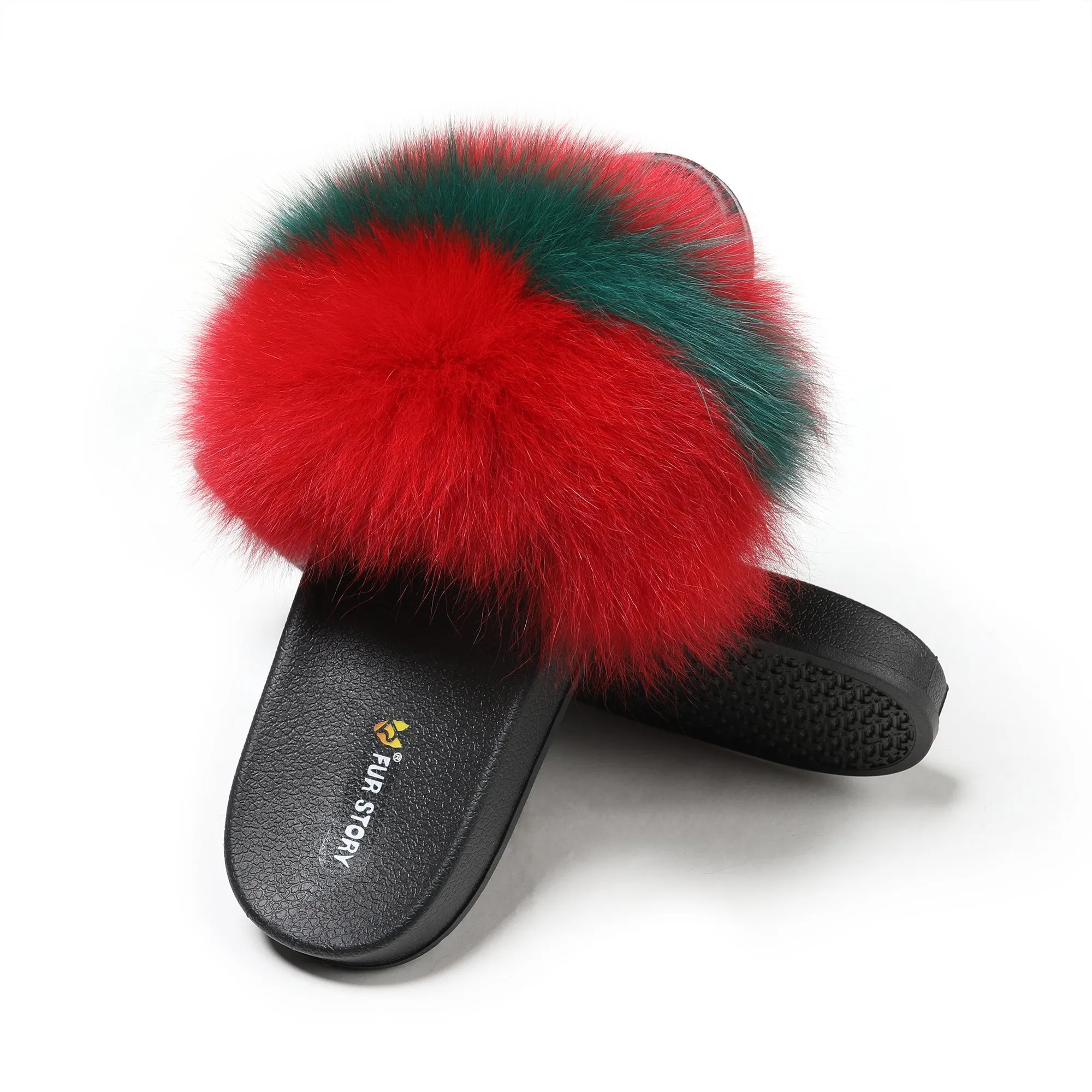 Fur Story Women's Fox Fur Slides Furry Slide for Outdoor Fluffy Sandals Open Toe Fur Slippers