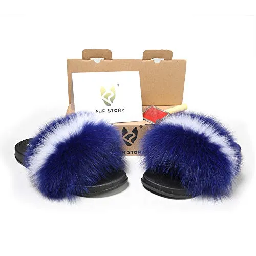 Fur Story Women's Fox Fur Slides Furry Slide for Outdoor Fluffy Sandals Open Toe Fur Slippers