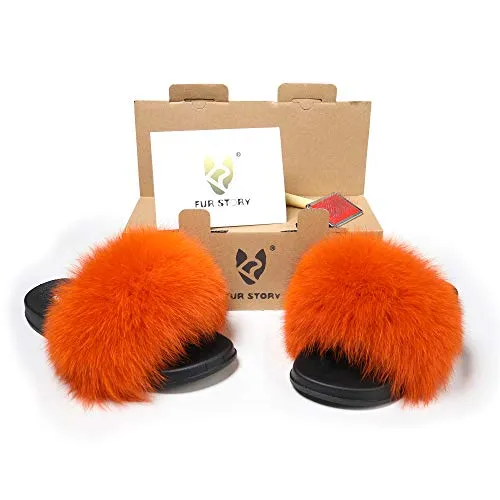 Fur Story Women's Fox Fur Slides Furry Slide for Outdoor Fluffy Sandals Open Toe Fur Slippers