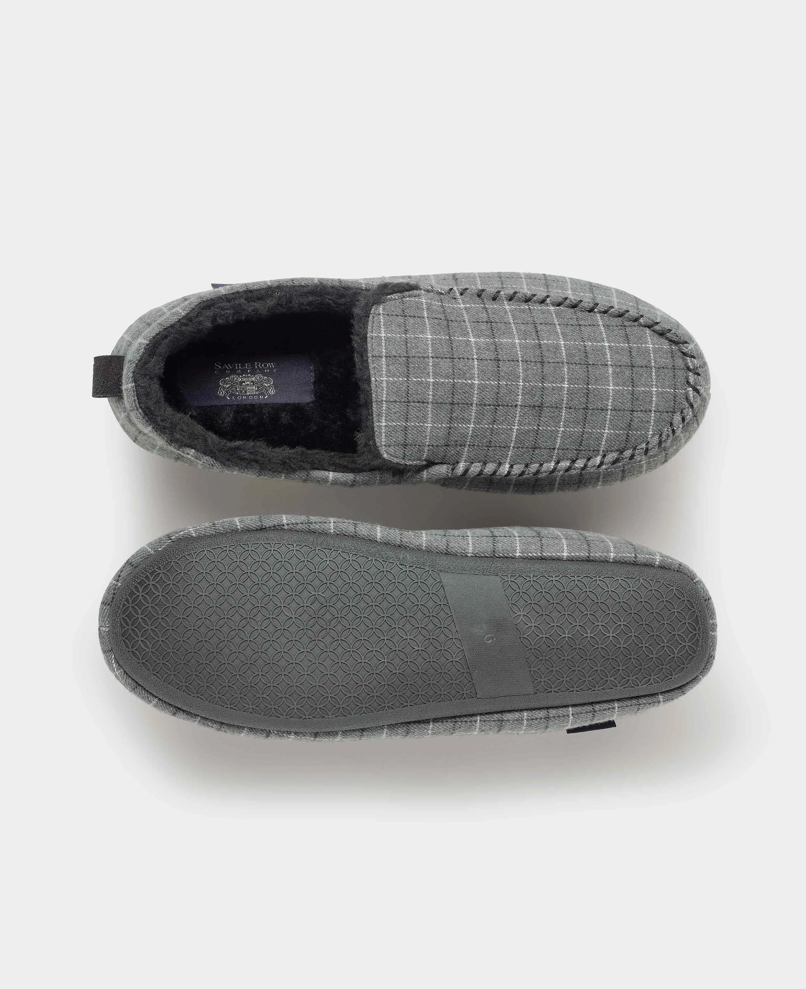 Grey Check Faux Fur Lined Moccasin Slippers