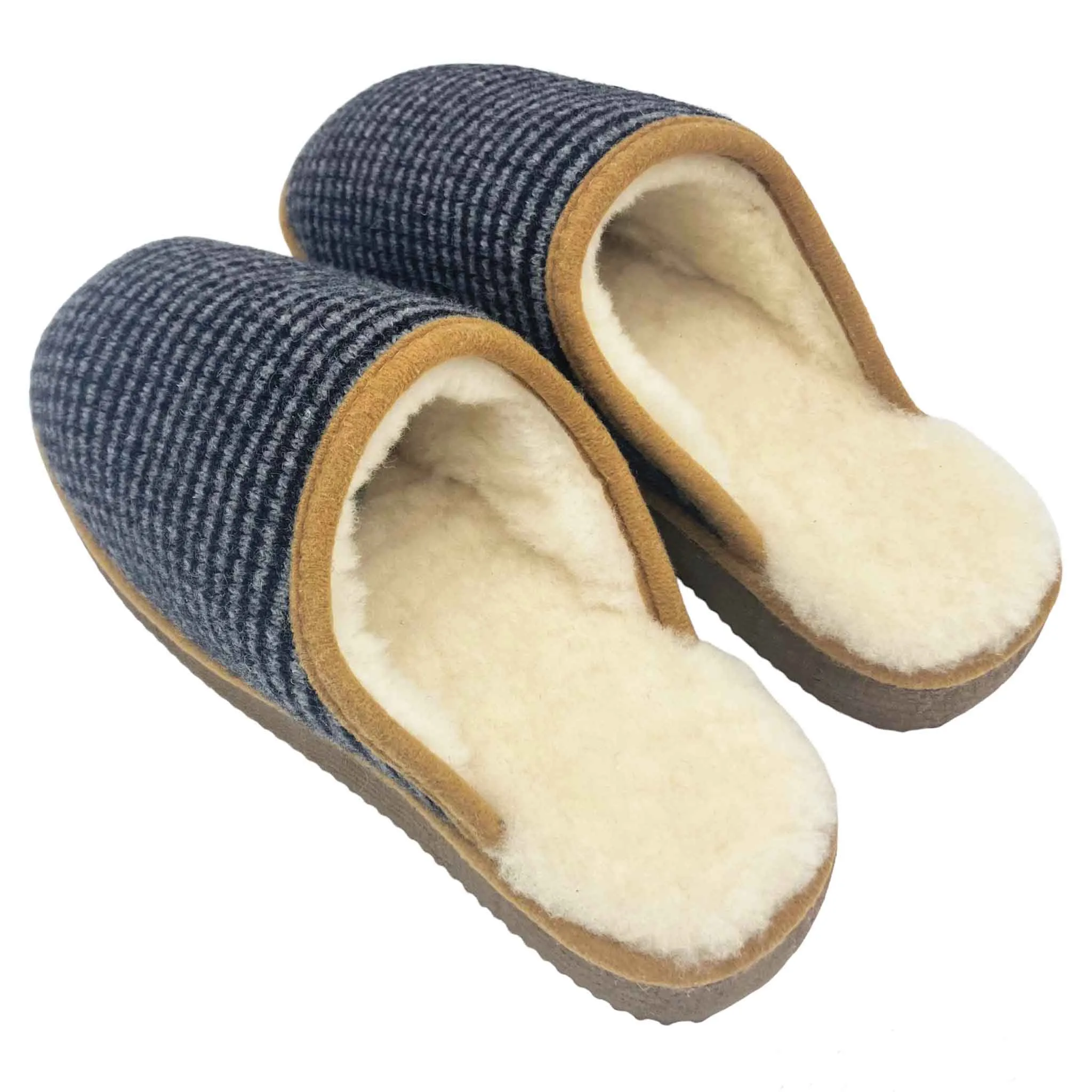 Grey Stripe Lambswool & Sheepskin Slippers - SMALL ONLY