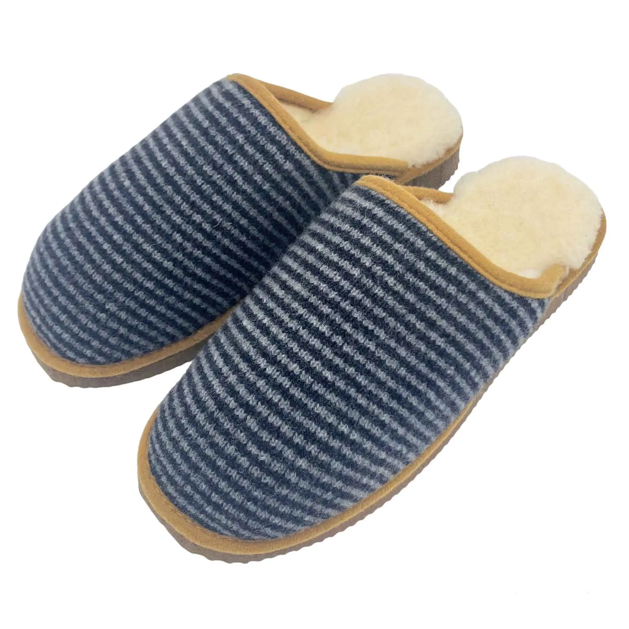 Grey Stripe Lambswool & Sheepskin Slippers - SMALL ONLY