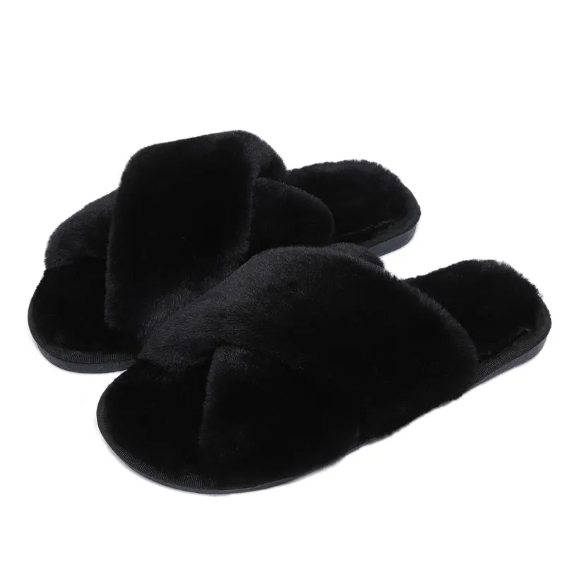 Haute Edition Women's Cozy Soft Plush Cross Strap House Slippers with Non Slip Soles