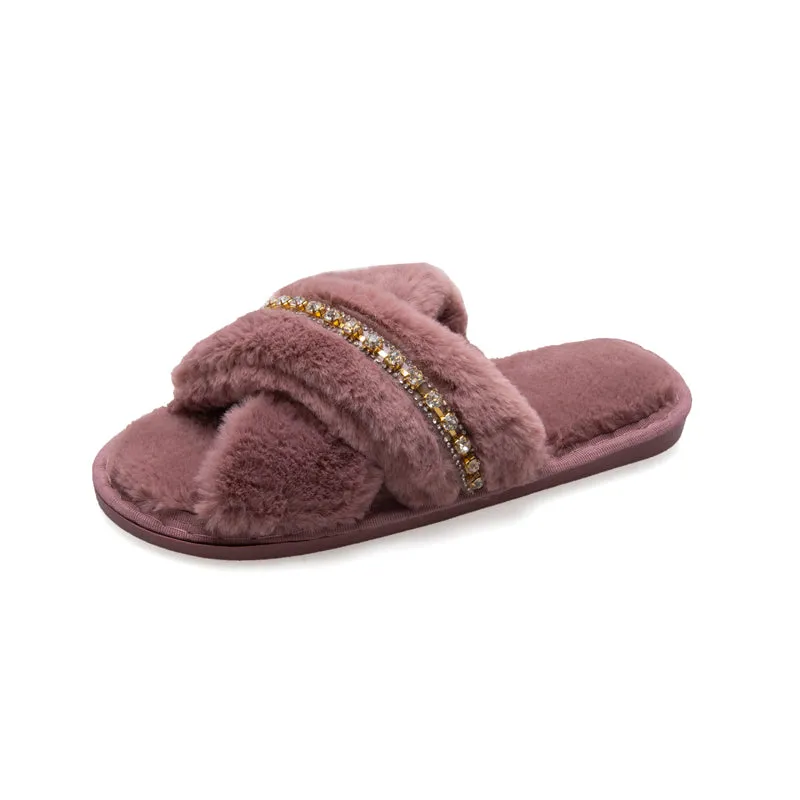 Haute Edition Women's Cozy Soft Plush Cross Strap House Slippers with Non Slip Soles