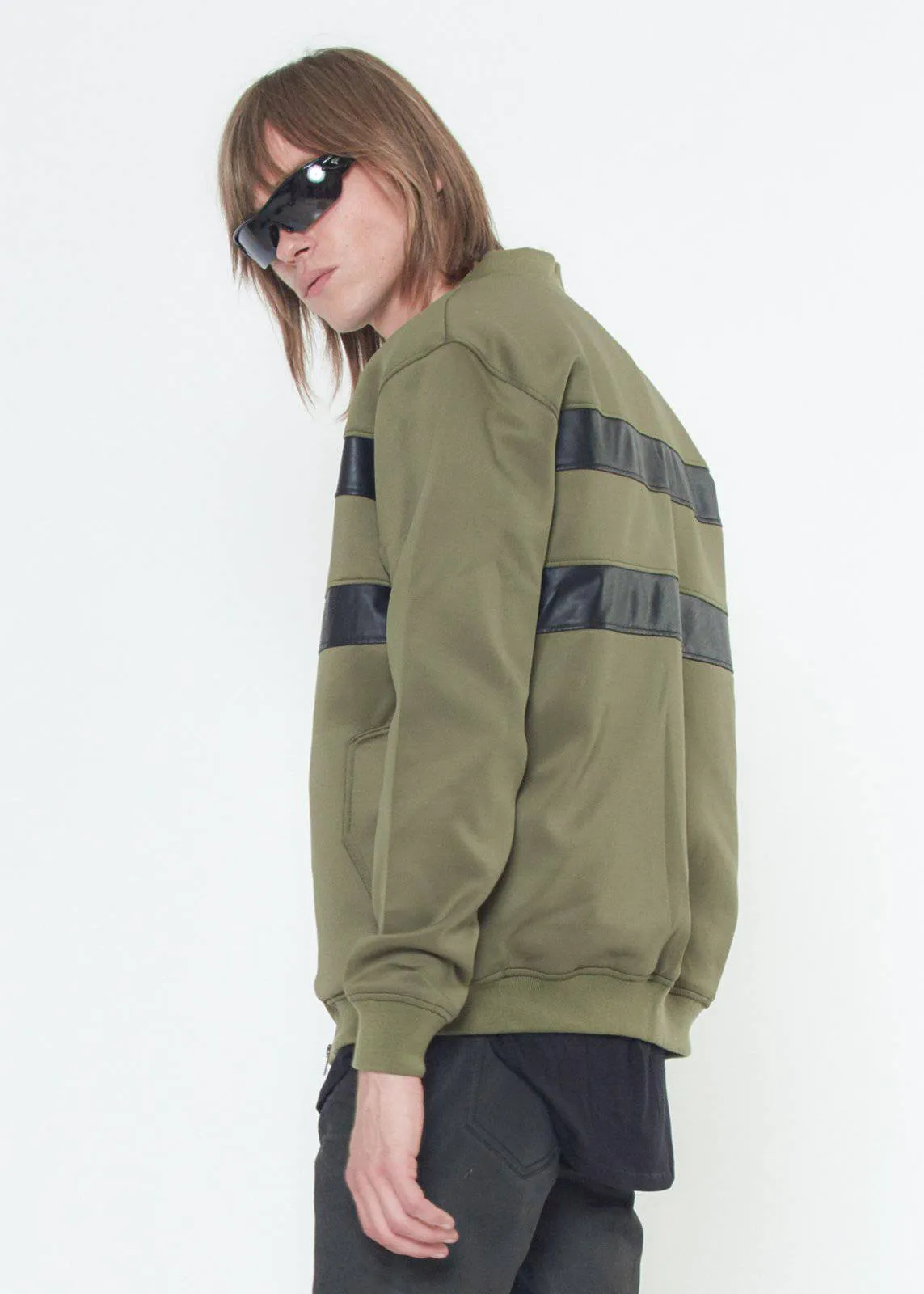 Konus Men's Bomber Jacket With Faux Leather Stripes in Olive