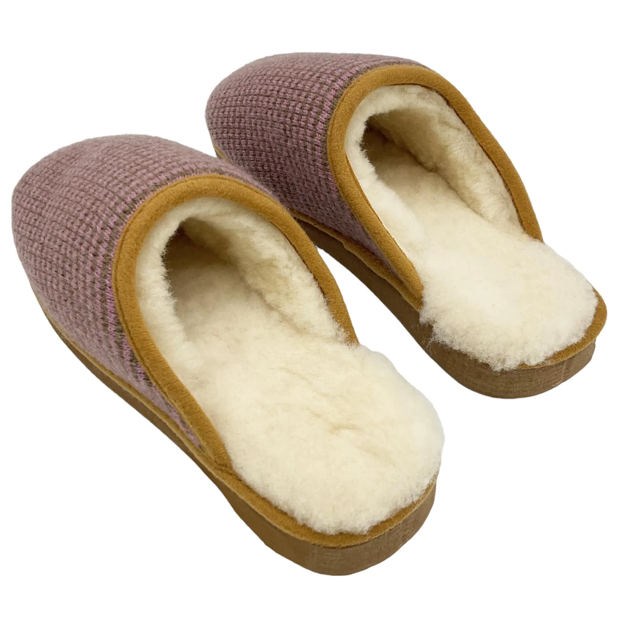 Lilac & Soft Brown Stripe Lambswool & Sheepskin Slippers