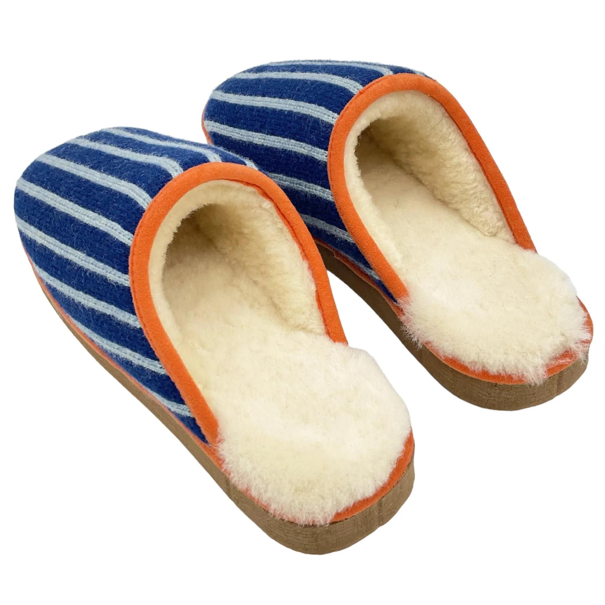 Navy & Light Blue Stripe Lambswool & Sheepskin Slippers