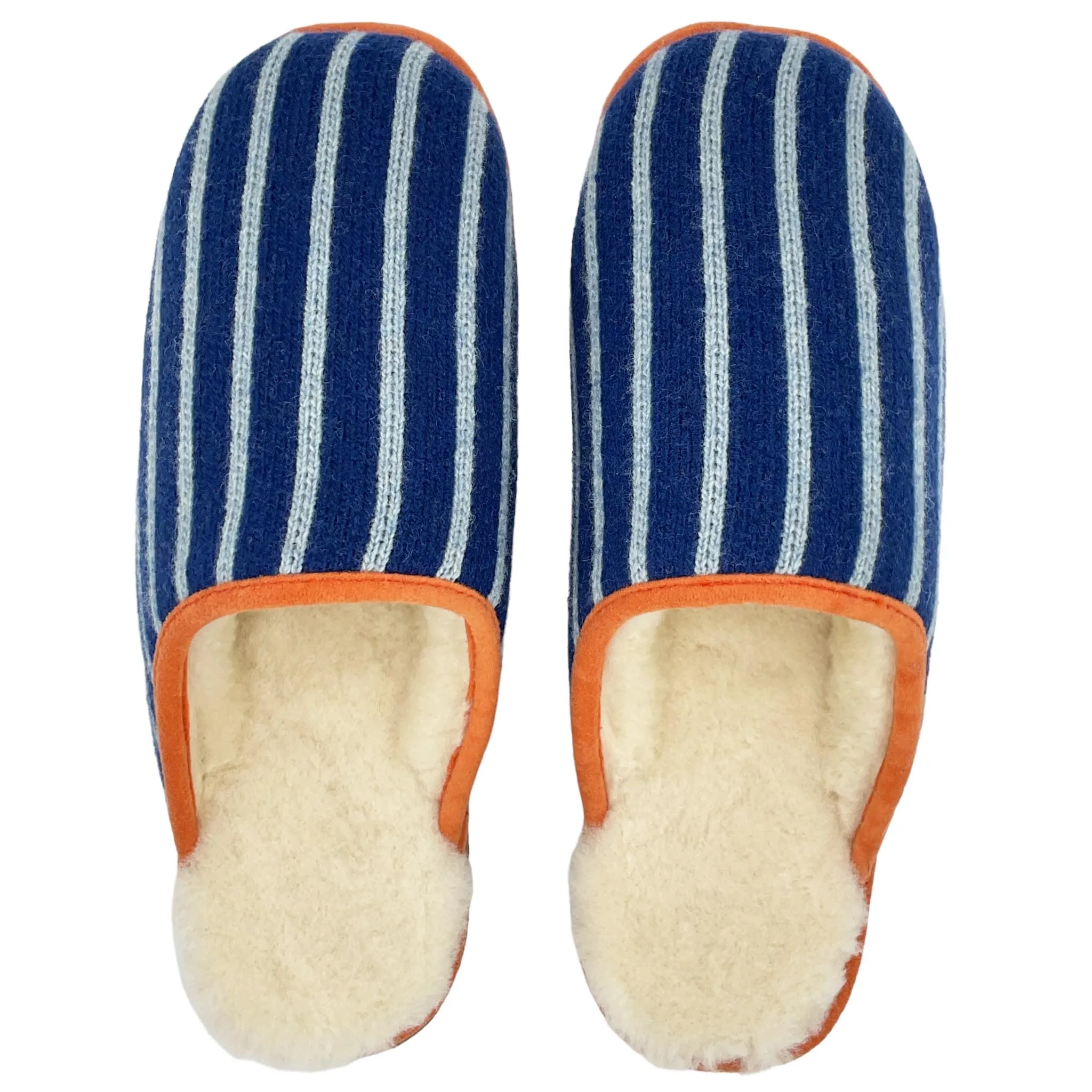 Navy & Light Blue Stripe Lambswool & Sheepskin Slippers