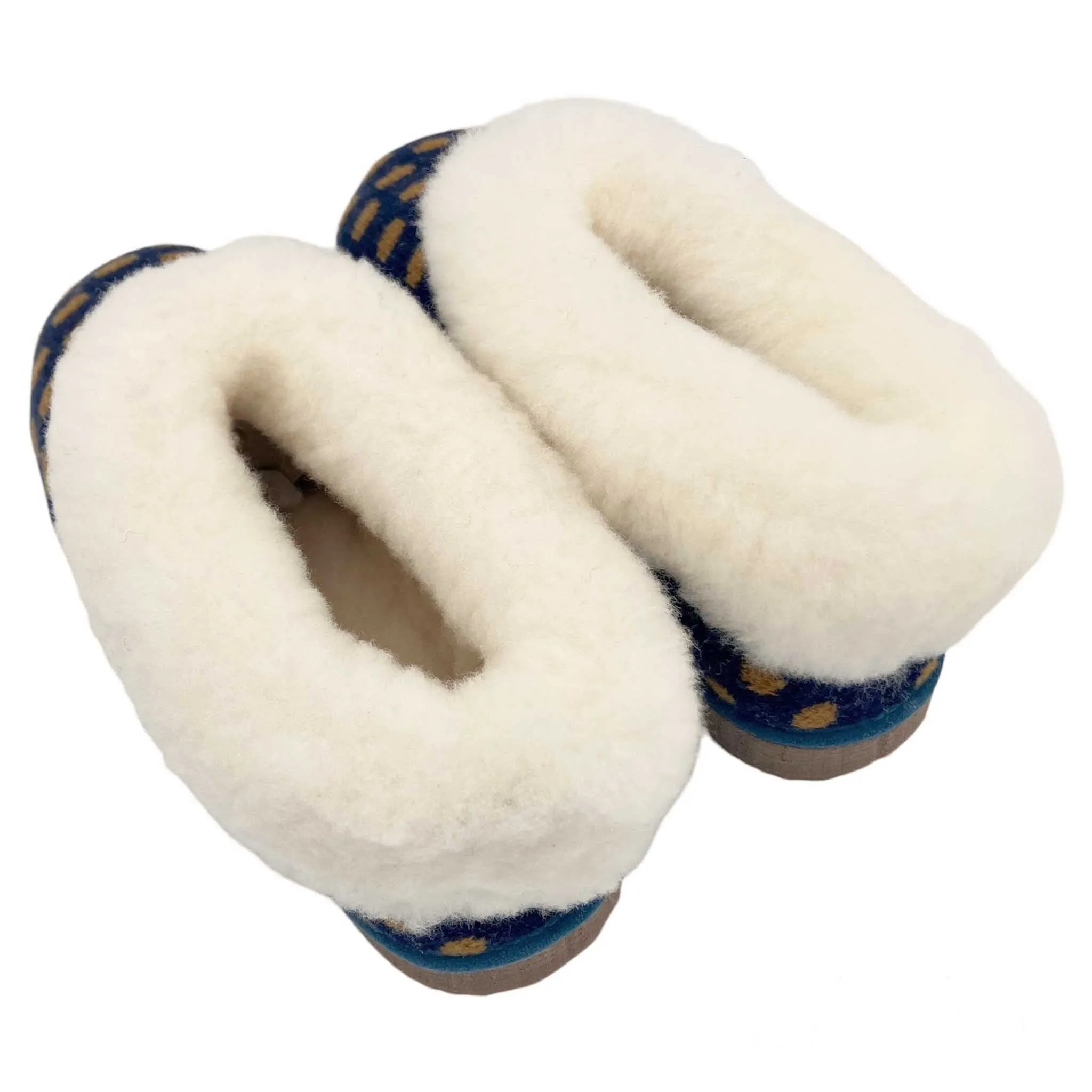 Navy & Mustard Spot Lambswool & Sheepskin Boot Slippers