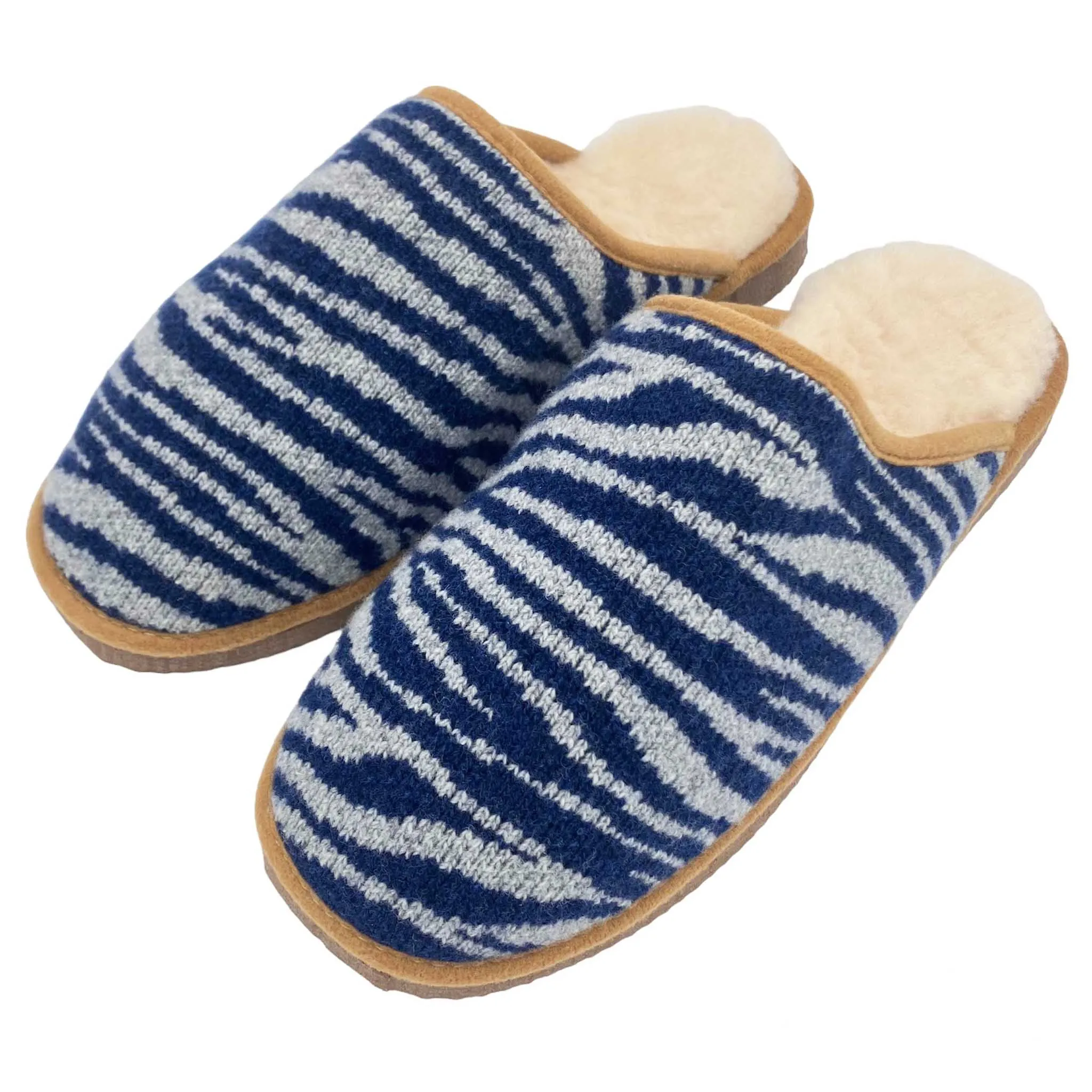 Navy Zebra Lambswool & Sheepskin Slippers