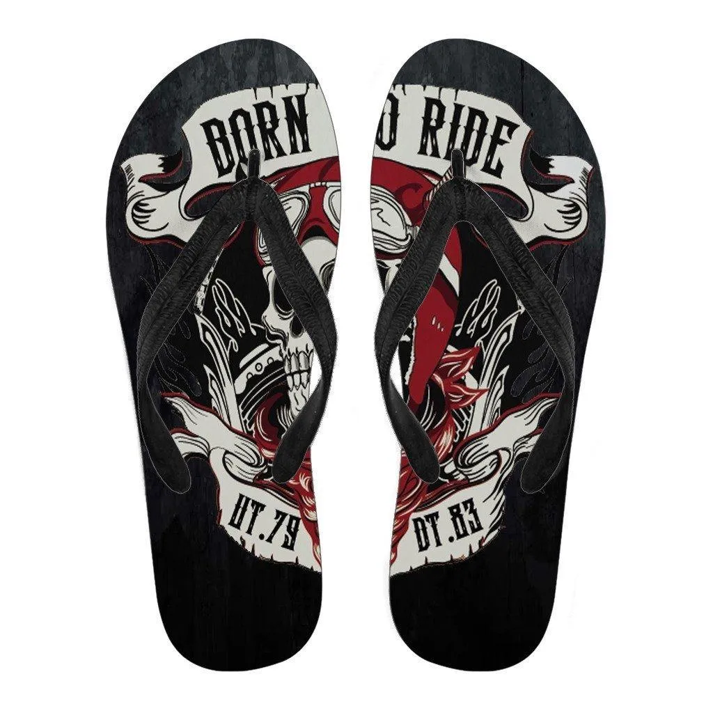 "Born To Ride" Flip Flops, EVA Sole, Black w/ Skull Print, White or Black Strap