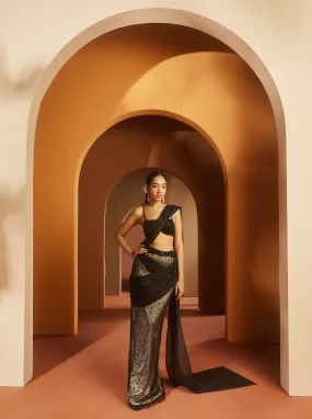 Shereen Black and Nude Embroidered Pre-Draped Saree Set