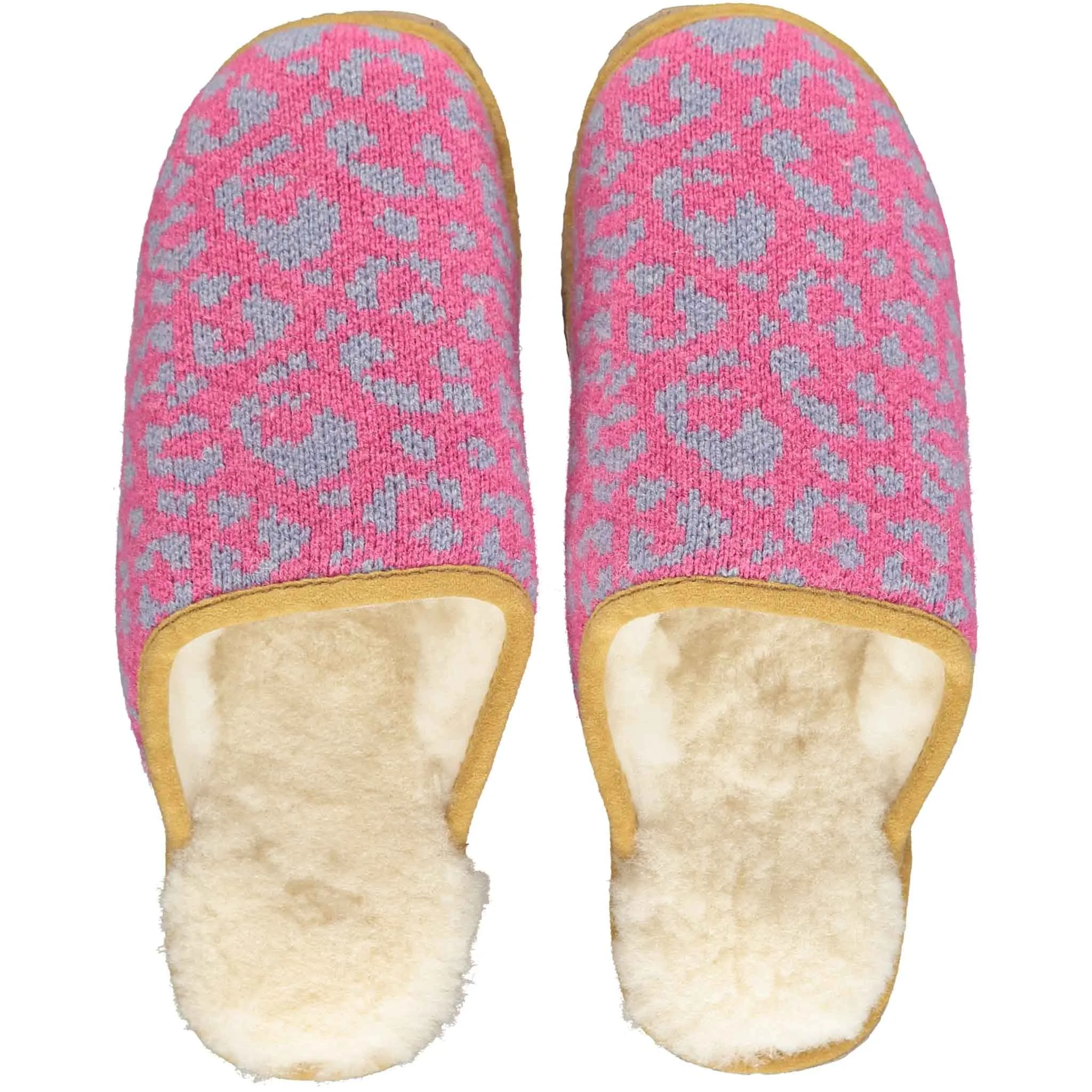 Smoky & Bright Pink Leopard Print Lambswool & Sheepskin Slippers - XL ONLY