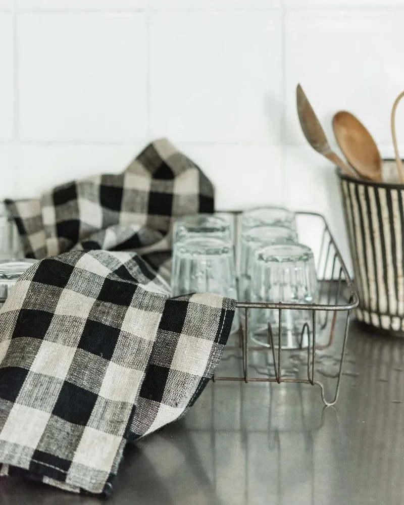 Thick Linen Kitchen Cloth: Black Natural Check