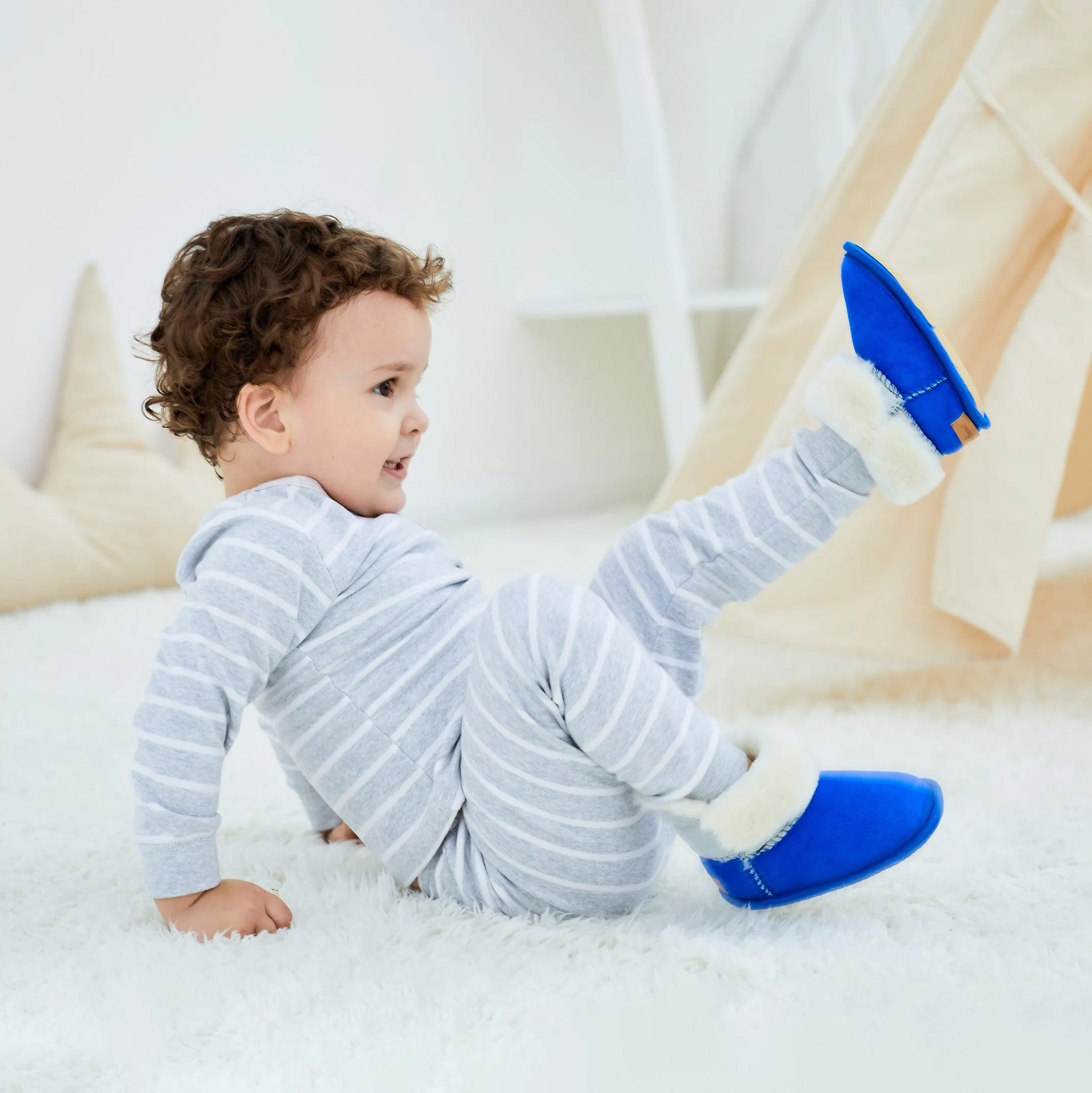 Unisex Royal Blue Sheepskin Kids Slippers