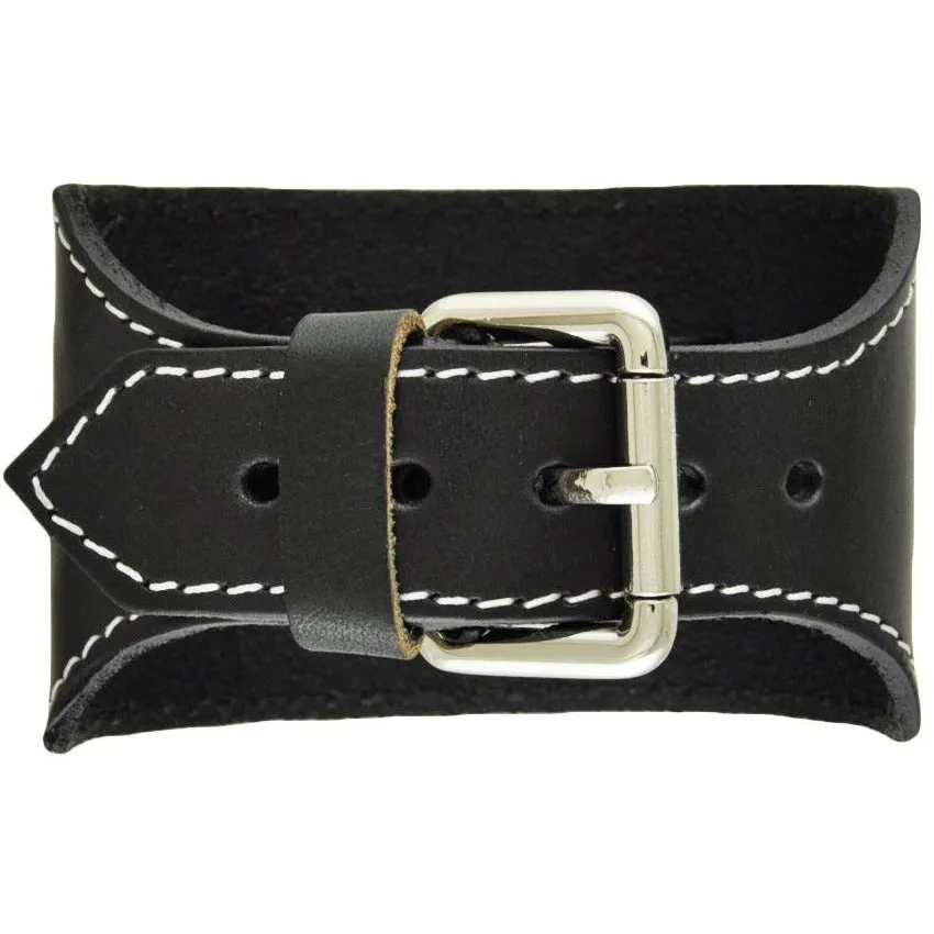 White Stitched Black Leather Wide Cuff