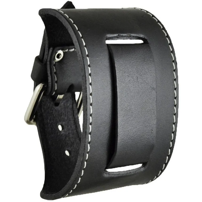 White Stitched Black Leather Wide Cuff