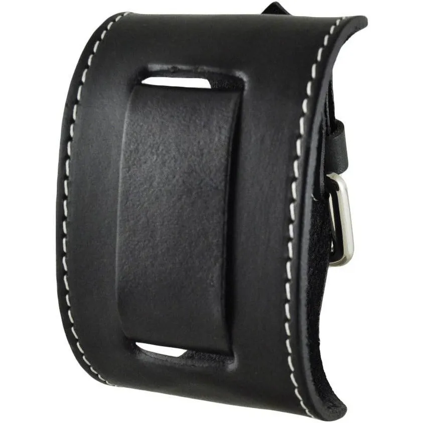 White Stitched Black Leather Wide Cuff