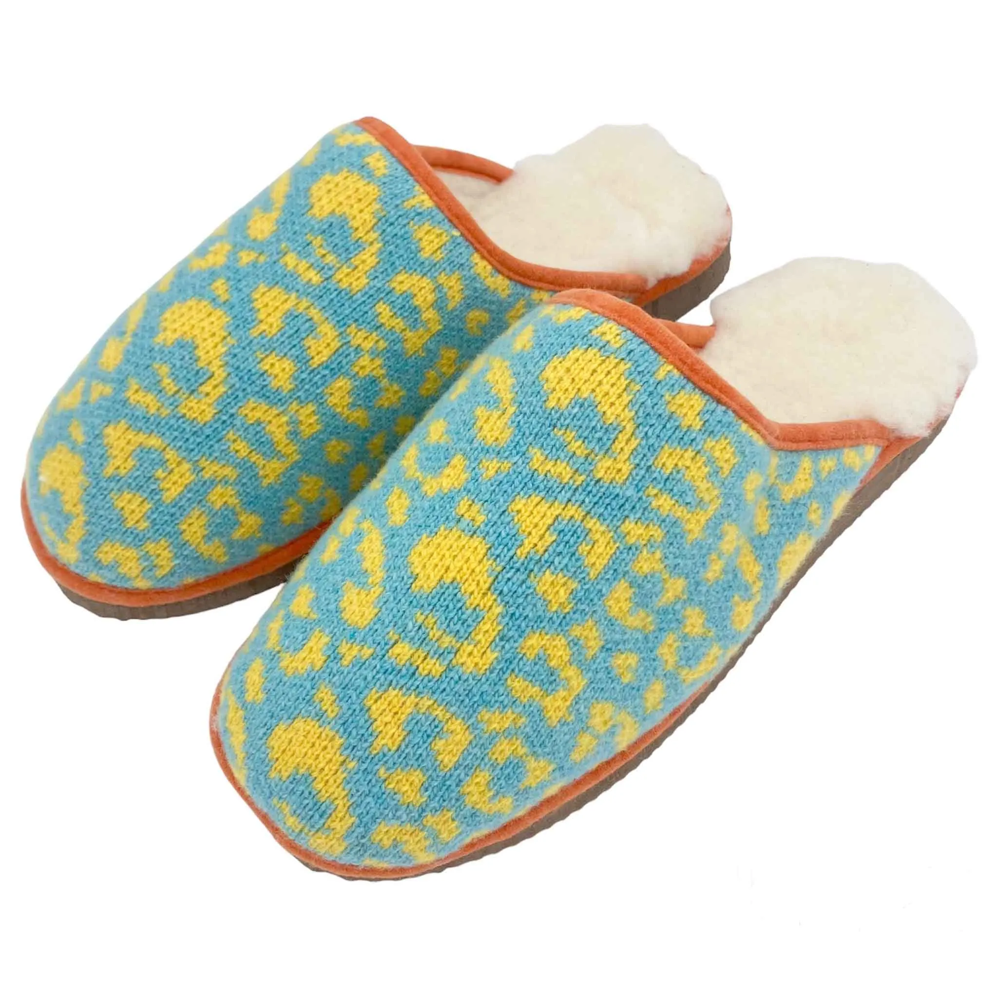 Yellow Leopard Print Lambswool & Sheepskin Slippers - SMALL ONLY